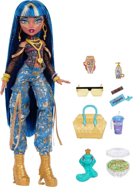 Кукла Monster High Cleo de nile Клео Де Нил в укороченном топе и золотых джинсовых брюках-карго с питомцем-змеей JHK32 - Фото 5 Кукла Monster High Cleo de nile Клео Де Нил в укороченном топе и золотых джинсовых брюках-карго с питомцем-змеей JHK32 - изображение 5