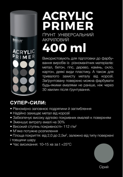 Грунтовка аэрозольная акриловая Biodur Acrylic серая 400 мл - изображение 2