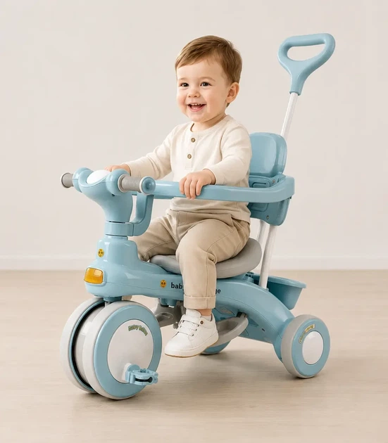 Триколісний велосипед Baby Carriage 588 з батьківською ручкою та кошиком / Велосипед-коляска Блакитний - изображение 2