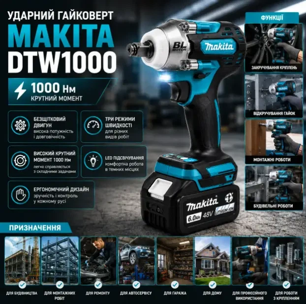 Бесщеточный ударный гайковерт Makita DTW1000/1000Hm (48V, 6Ah) - Фото 6 Бесщеточный ударный гайковерт Makita DTW1000/1000Hm (48V, 6Ah) - изображение 6
