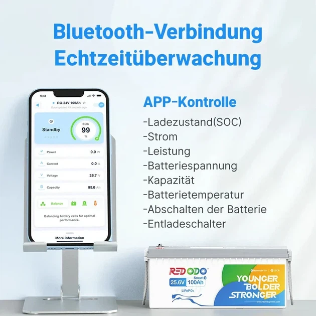 Акумулятор Redodo LifePO4 24В 100Аг 2560Вт год Bluetooth - Фото 4 Акумулятор Redodo LifePO4 24В 100Аг 2560Вт год Bluetooth - изображение 4