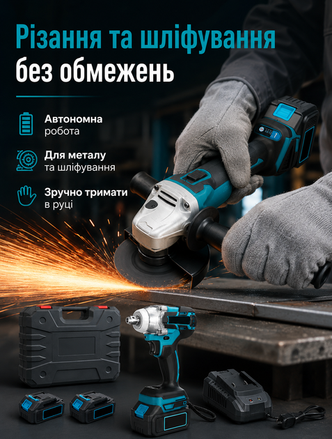 Аккумуляторный набор гайковерт и болгарка для монтажа и ремонта с 2 аккумуляторами 48 В 300 Н·м и диском 100 мм в кейсе - изображение 3