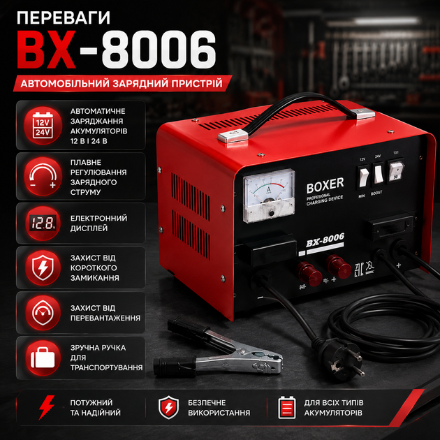 Автомобильное зарядное устройство BX-8006 CB-30 12/24 В 18 А для аккумулятора 20–120 Ач, автоматическая зарядка АКБ с электронным дисплеем, регулировкой тока и защитой от перегрузки - изображение 3
