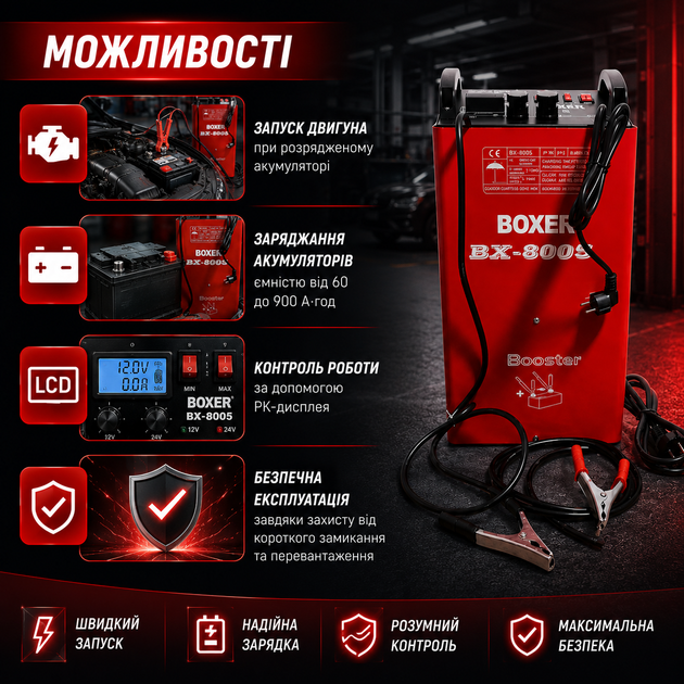 Пуско-зарядное устройство Boxer BX-8005 12/24 В 750 А для автомобильного аккумулятора 60–900 Ач, импульсный бустер с дисплеем, автоматический зарядный блок для запуска двигателя - изображение 7