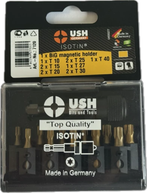 Набір біт USH Isotin 1/4" T10 T15 T20 T25 T27 T30 T40 з магнітним тримачем 12 предметів U0007120 - Фото 1 Набір біт USH Isotin 1/4" T10 T15 T20 T25 T27 T30 T40 з магнітним тримачем 12 предметів U0007120 - зображення 1