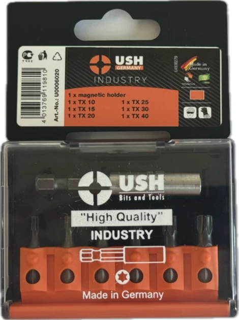 Набір біт USH Industry 1/4" T10 T15 T20 T25 T30 T40 з магнітним тримачем 7 предметів U0006020 - Фото 1 Набір біт USH Industry 1/4" T10 T15 T20 T25 T30 T40 з магнітним тримачем 7 предметів U0006020 - зображення 1
