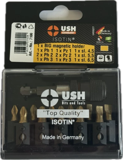 Набор бит USH Isotin 1/4" PH1 PH2 PZ1 PZ2 SL4.5 SL6.5 с магнитным держателем 12 предметов U0007100 - Фото 1 Набор бит USH Isotin 1/4" PH1 PH2 PZ1 PZ2 SL4.5 SL6.5 с магнитным держателем 12 предметов U0007100 - изображение 1