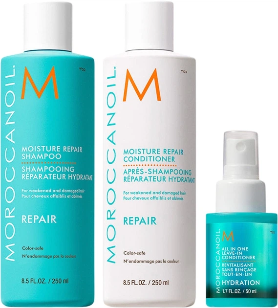 Набір для догляду за волоссям Moroccanoil Repair Косметичка + Шампунь 250 мл + Кондиціонер 250 мл + Незмивний кондиціонер 50 мл (7290121931632) - Фото 2 Набір для догляду за волоссям Moroccanoil Repair Косметичка + Шампунь 250 мл + Кондиціонер 250 мл + Незмивний кондиціонер 50 мл (7290121931632) - зображення 2