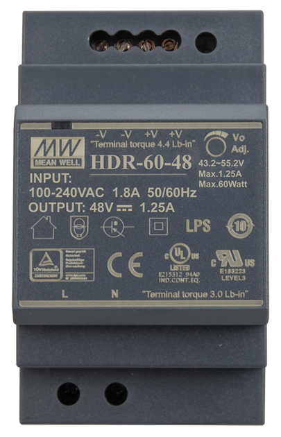 Блок питания Mean Well на DIN-рейку 60W DC48V (HDR-60-48) - Фото 1 Блок питания Mean Well на DIN-рейку 60W DC48V (HDR-60-48) - изображение 1