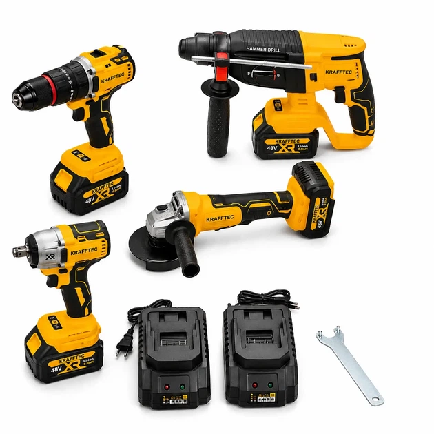 Набор 4в1 Krafftec Germany PRO 48V шуруповерт, гайковерт, болгарка, перфоратор. комплект с 4 аккумуляторами 6.0 Ah - изображение 7