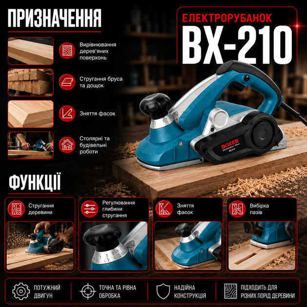Электрорубанок Boxer BX-210 2450 Вт 82 мм для строгания древесины, профессиональный деревообрабатывающий инструмент с регулировкой глубины реза, вырезанием пазов и снятие фасок - изображение 6