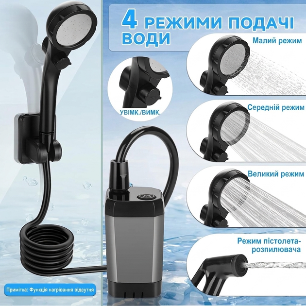Портативный туристический душ с насосом и аккумулятором 6000 mAh для кемпинга и активного отдыха с USB, для улицы и дачи - изображение 2