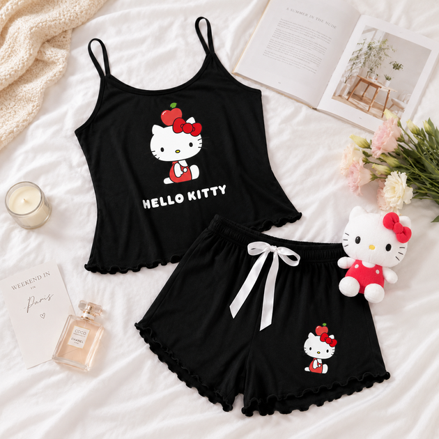 Піжама жіноча Hello Kitty чорна майка та шорти літній домашній комплект для сну M (Vl 418) - Фото 5 Піжама жіноча Hello Kitty чорна майка та шорти літній домашній комплект для сну M (Vl 418) - зображення 5