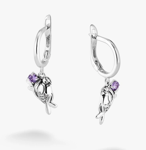 Сережки срібні з підвісками-птахами Соловейко Amethyst 925 Zirkon - Фото 1 Сережки срібні з підвісками-птахами Соловейко Amethyst 925 Zirkon - зображення 1