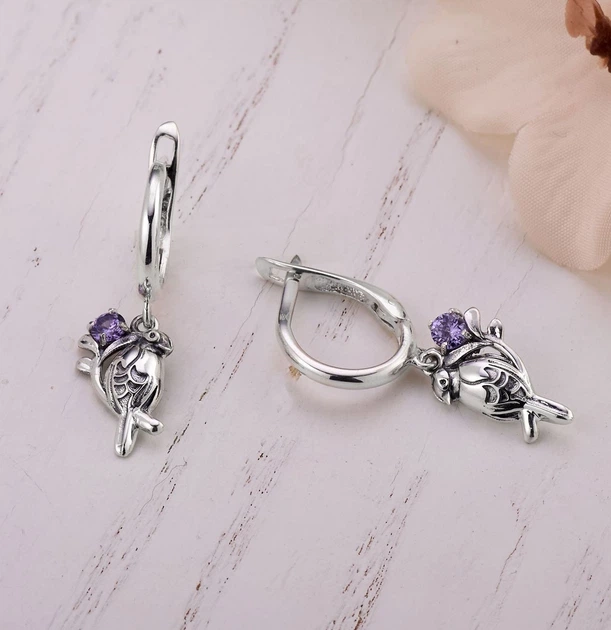 Сережки срібні з підвісками-птахами Соловейко Amethyst 925 Zirkon - Фото 2 Сережки срібні з підвісками-птахами Соловейко Amethyst 925 Zirkon - зображення 2