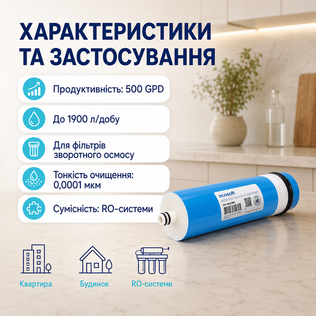 Високопродуктивна мембрана зворотного осмосу Ecosoft 500 галонів для комерційних та побутових систем - изображение 3