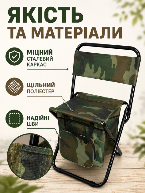 Складной туристический стул с термосумкой до 100 кг для рыбалки пикника и кемпинга 35×28×59 см камуфляж (49676082) - изображение 6