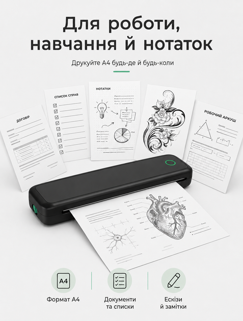 Портативный термопринтер формата A4 Max с Bluetooth и приложением для смартфона в комплекте рулон бумаги A4 - Фото 4 Портативный термопринтер формата A4 Max с Bluetooth и приложением для смартфона в комплекте рулон бумаги A4 - изображение 4