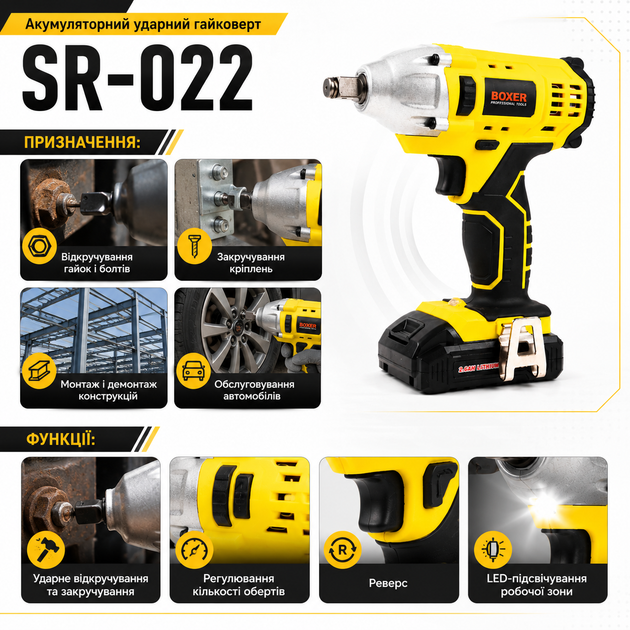 Аккумуляторный ударный гайковерт SR-022 20,4 В, 2,6 А·ч, 250 Н·м, 1/2" с двумя аккумуляторами — беспроводной инструмент для откручивания гаек, замены колес, шиномонтажа и монтажных работ - изображение 6