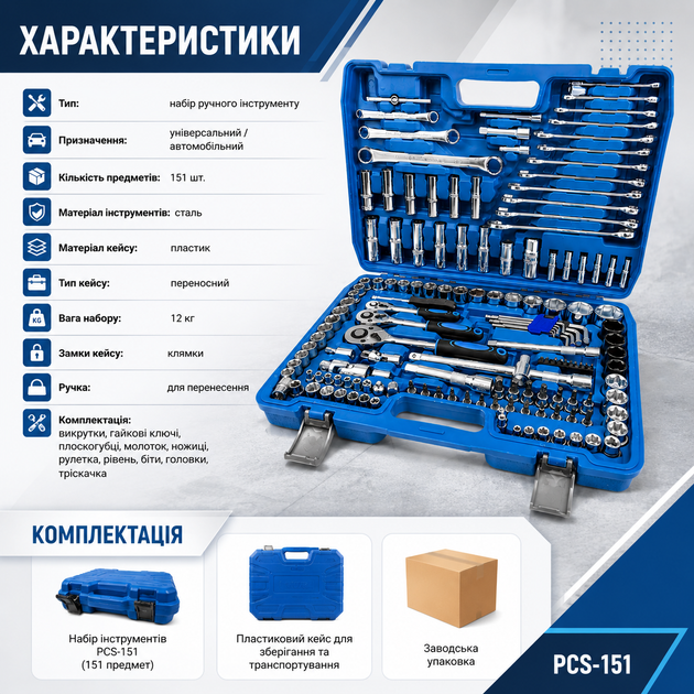 Професійний комплект інструментів PCS-151 на 151 предмет у пластиковій валізі, універсальний набір для обслуговування автомобіля, домашнього ремонту, складання меблів і технічних робіт - Фото 5 Професійний комплект інструментів PCS-151 на 151 предмет у пластиковій валізі, універсальний набір для обслуговування автомобіля, домашнього ремонту, складання меблів і технічних робіт - зображення 5