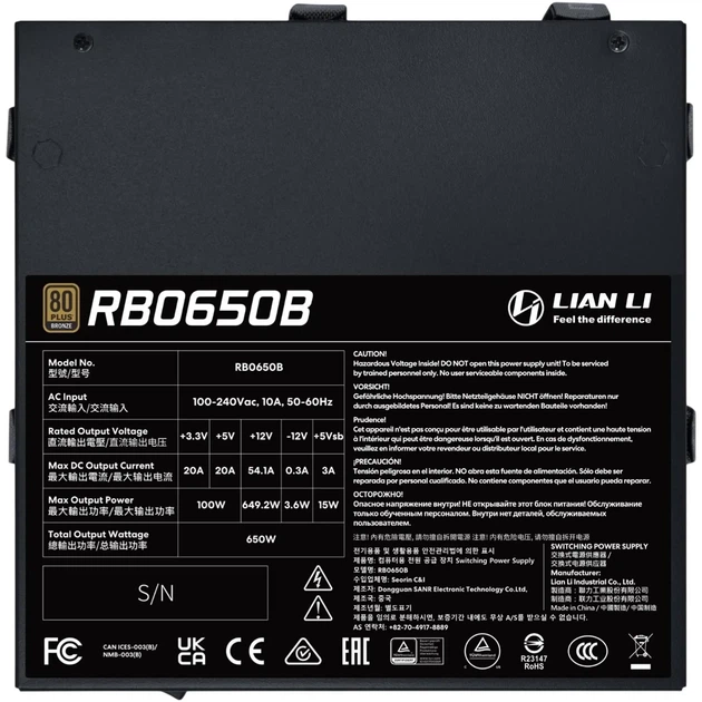 Блок живлення Lian Li RB0650B, 80 PLUS Bronze, Black, EU cord (G9P.RB0650B.B000.EU) - Фото 3 Блок живлення Lian Li RB0650B, 80 PLUS Bronze, Black, EU cord (G9P.RB0650B.B000.EU) - зображення 3
