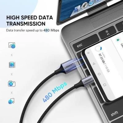 Дата кабель USB 2.0 AM to USB-C 1.0m US288 Aluminum Braid Black Ugreen (60126) - изображение 3