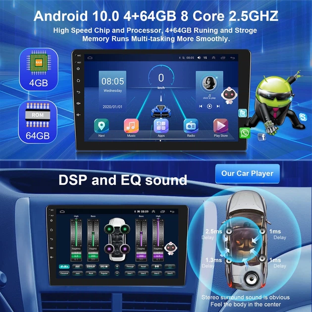 Автомагнитола NHOPEEW Android 10 с поддержкой Carplay, 4 + 64 ГБ памяти, 9-дюймовый сенсорный экран камерой заднего вида - изображение 2