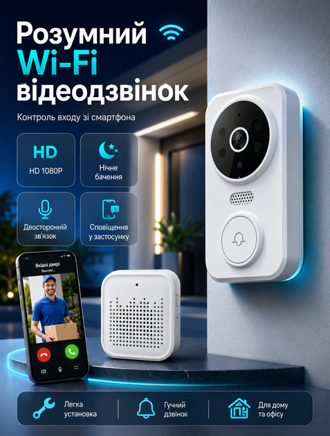 Бездротовий відеодомофон з камерою для дому та квартири через Wi‑Fi з двостороннім зв'язком сповіщеннями про рух захист IP55 640×480 управління через додаток Ulooka - зображення 12