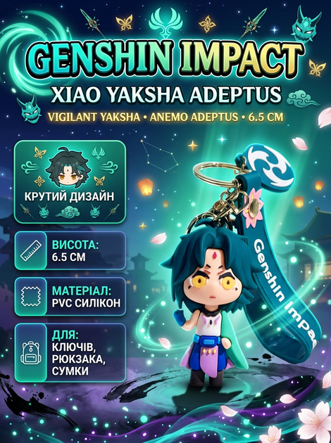 Брелок Геншин Імпакт Сяо Genshin Impact Захисник Якса аніме фігурка іграшка для ключів, рюкзака, сумки 6,5 см - Фото 1 Брелок Геншин Імпакт Сяо Genshin Impact Захисник Якса аніме фігурка іграшка для ключів, рюкзака, сумки 6,5 см - зображення 1