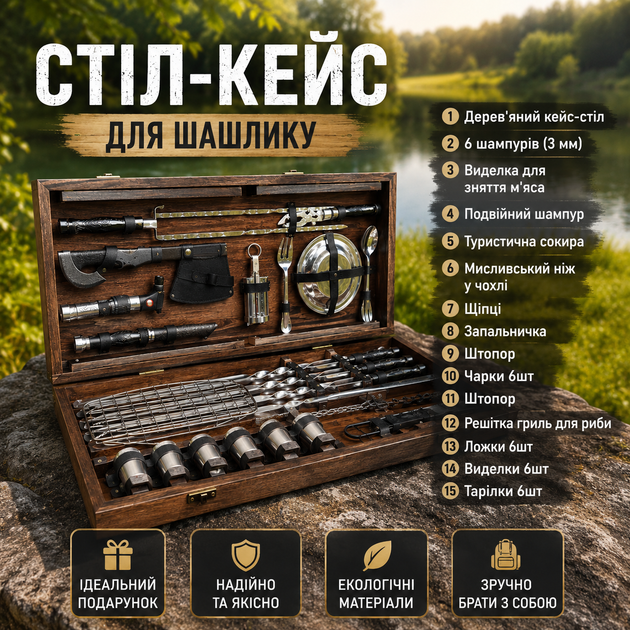 Складной стол-кейс для пикника с шампурами и аксессуарами для барбекю - изображение 3