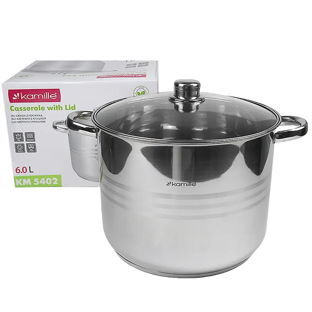 Кастрюля Kamille KM-5402, 6.0 л, Ø22 см, нержавеющая сталь, стеклянная крышка, серебристая, для всех плит - Фото 1 Кастрюля Kamille KM-5402, 6.0 л, Ø22 см, нержавеющая сталь, стеклянная крышка, серебристая, для всех плит - изображение 1