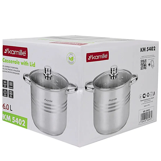 Кастрюля Kamille KM-5402, 6.0 л, Ø22 см, нержавеющая сталь, стеклянная крышка, серебристая, для всех плит - Фото 7 Кастрюля Kamille KM-5402, 6.0 л, Ø22 см, нержавеющая сталь, стеклянная крышка, серебристая, для всех плит - изображение 7
