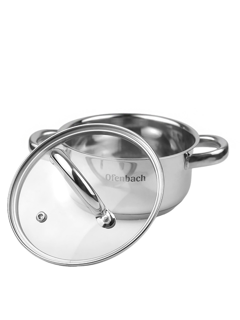 Каструля Ofenbach KM-100522 1л з нержавіючої сталі зі скляною кришкою для індукції та газу 14см - Фото 4 Каструля Ofenbach KM-100522 1л з нержавіючої сталі зі скляною кришкою для індукції та газу 14см - зображення 4
