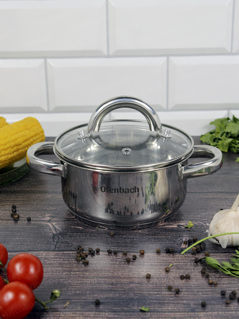 Каструля Ofenbach KM-100522 1л з нержавіючої сталі зі скляною кришкою для індукції та газу 14см - Фото 8 Каструля Ofenbach KM-100522 1л з нержавіючої сталі зі скляною кришкою для індукції та газу 14см - зображення 8