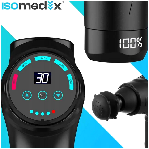 Массажный пистолет 30 уровней интенсивности 12 насадок для тела черный ISOMEDIX KT3241 - Фото 5 Массажный пистолет 30 уровней интенсивности 12 насадок для тела черный ISOMEDIX KT3241 - изображение 5