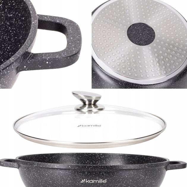 Кастрюля-вок с крышкой Kamille KM-4485, 4 л, литой алюминий, Ø28 см, антипригарное покрытие «черный мрамор», для всех плит - Фото 4 Кастрюля-вок с крышкой Kamille KM-4485, 4 л, литой алюминий, Ø28 см, антипригарное покрытие «черный мрамор», для всех плит - изображение 4