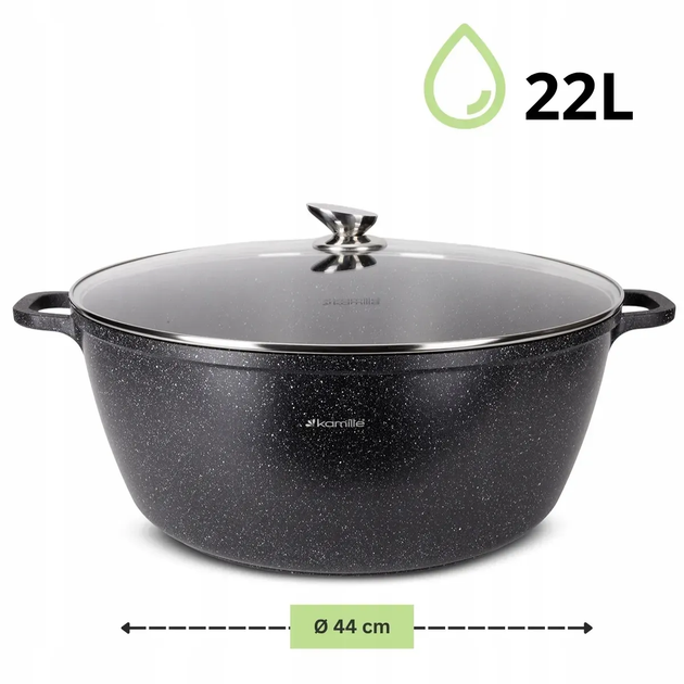 Кастрюля с крышкой Kamille KM-4484, 22 л, литой алюминий, Ø44 см, антипригарное покрытие «черный мрамор», для всех плит - Фото 5 Кастрюля с крышкой Kamille KM-4484, 22 л, литой алюминий, Ø44 см, антипригарное покрытие «черный мрамор», для всех плит - изображение 5