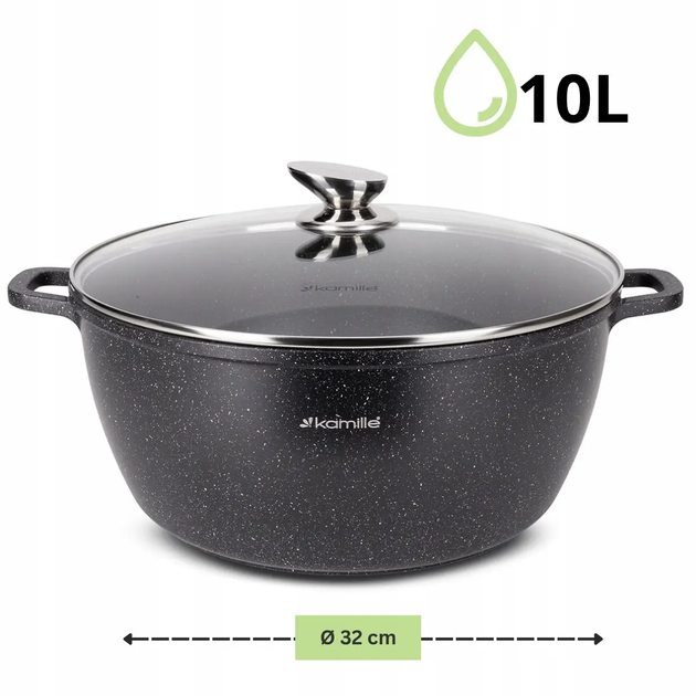 Кастрюля с крышкой Kamille KM-4481, 10.0 л, литой алюминий, Ø32 см, антипригарное покрытие «черный мрамор», для всех плит - Фото 2 Кастрюля с крышкой Kamille KM-4481, 10.0 л, литой алюминий, Ø32 см, антипригарное покрытие «черный мрамор», для всех плит - изображение 2