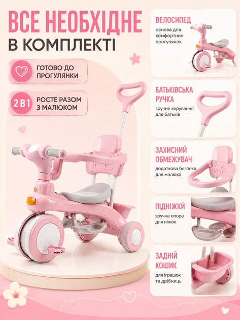 Велосипед дитячий триколісний 2 в 1 із батьківською ручкою, захисним бампером, підніжкою та кошиком, велосипед-коляска рожевий (49676101) - зображення 7