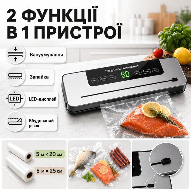 Комплект вакууматор для їжі з різаком і 2 рулони пакетів 5 м × 20 см, 5 м × 25 см - зображення 3