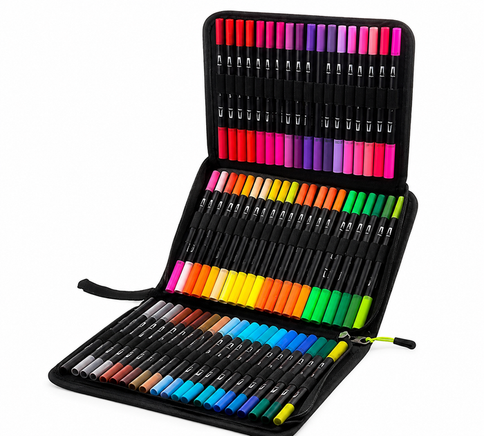 Акварельные двусторонние маркеры Dual Brush 80 шт. - художественные фломастеры на водной основе для рисования, раскрасок, скетчинга, каллиграфии, иллюстраций и дизайна. Набор акварельных маркеров-брашпенов с эффектом акварели в чехле-сумке - изображение 2