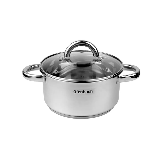 Каструля Ofenbach KM-100526 4л з нержавіючої сталі зі скляною кришкою 22см для індукції та газу - Фото 1 Каструля Ofenbach KM-100526 4л з нержавіючої сталі зі скляною кришкою 22см для індукції та газу - зображення 1