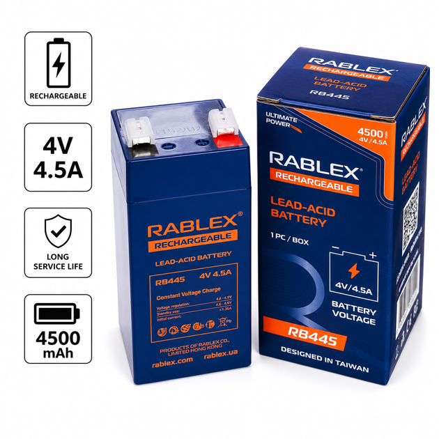 Аккумулятор свинцово-кислотный Rablex RB445, 4V 4.5Ah (4500 mAh), перезаряжаемый аккумулятор для фонарей, весов - Фото 1 Аккумулятор свинцово-кислотный Rablex RB445, 4V 4.5Ah (4500 mAh), перезаряжаемый аккумулятор для фонарей, весов - изображение 1