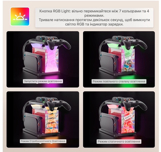 Док-станция для Nintendo Switch 2 с зарядкой Joy-Con, органайзер для консоли, 16 слотов для игр, RGB подсветка, держатель - изображение 4