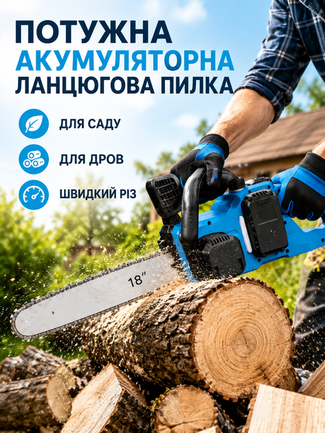Аккумуляторная цепная пила 18 дюймов 21 В 1600 Вт бесщеточная с 2 аккумуляторами и кейсом сине-черная (49676077) - изображение 4