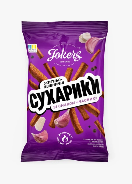 Ящик сухариків житньо-пшеничні 65 уп Часник Jokers м/у 60г - Фото 2 Ящик сухариків житньо-пшеничні 65 уп Часник Jokers м/у 60г - изображение 2
