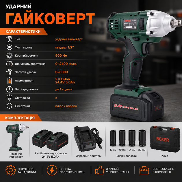 Акумуляторний ударний гайковерт 1/2" 500 Нм з 2 акумуляторами 24,4V 5,0Ah, бездротовий ключ для відкручування та закручування болтів і гайок, комплект із кейсом, зарядним пристроєм і ударними головками 17/19/21/23 мм - зображення 5