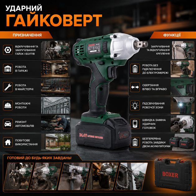 Акумуляторний ударний гайковерт 1/2" 500 Нм з 2 акумуляторами 24,4V 5,0Ah, бездротовий ключ для відкручування та закручування болтів і гайок, комплект із кейсом, зарядним пристроєм і ударними головками 17/19/21/23 мм - зображення 6