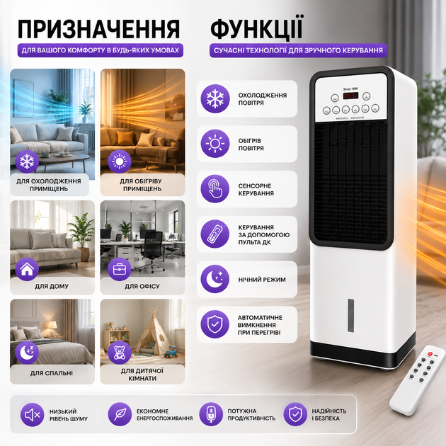 Мобильный кондиционер Domotec Air Max Pro BFX-8D-1668 3-в-1 с обогревом и охлаждением, напольный климатический вентилятор с сенсорным управлением и пультом ДУ, 3500 Вт / 1200 Вт, до 20 м² - изображение 6