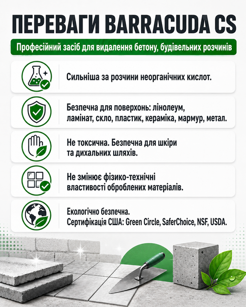 Засіб для видалення бетону, цементу, висолів, будівельних розчинів 1 л Barracuda CS - зображення 2